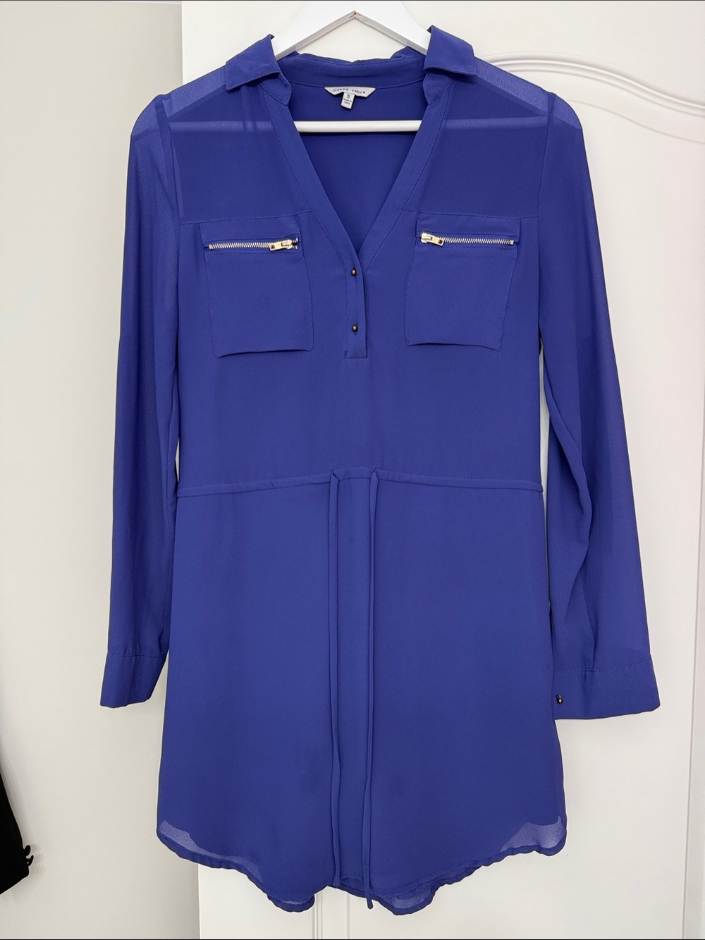 Roll-tab Long-Sleeve V-Neck Tunic Dress in Purple
